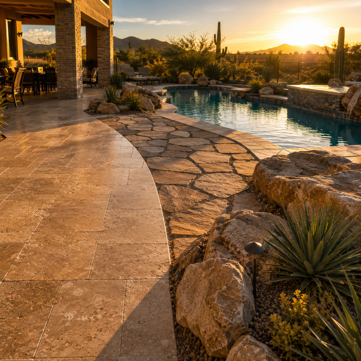 Travertine pavers, a flagstone accent path and a boulder grouping beside a pool at golden hour in Scottsdale