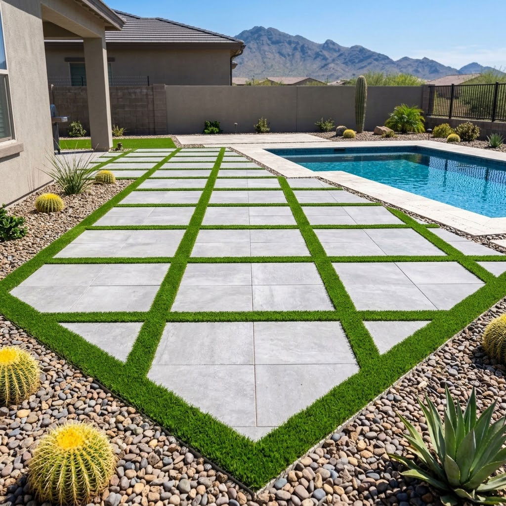 Geometric paver patio with artificial turf filling the joints in a Phoenix, Arizona backyard