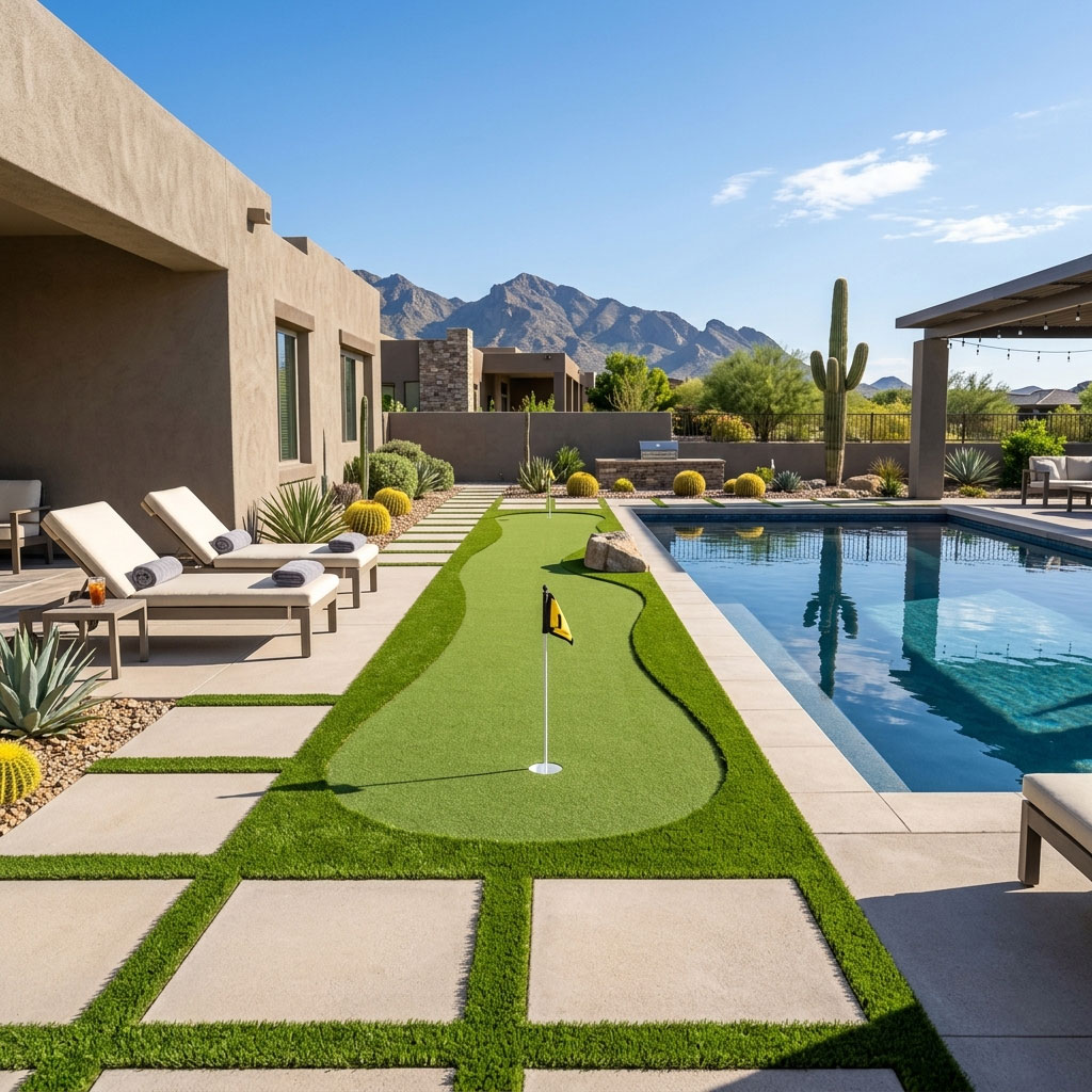 Photorealistic 8K photo of a modern backyard design in Phoenix, Arizona, where a putting green mini golf hole with a gentle slope and small boulder hazard runs directly parallel to the edge of a sparkling swimming pool. Large-format concrete pavers separate the two areas. Unoccupied lounge chairs with folded towels and desert palm or agave landscaping are in the background under a vivid blue sky and strong daylight.