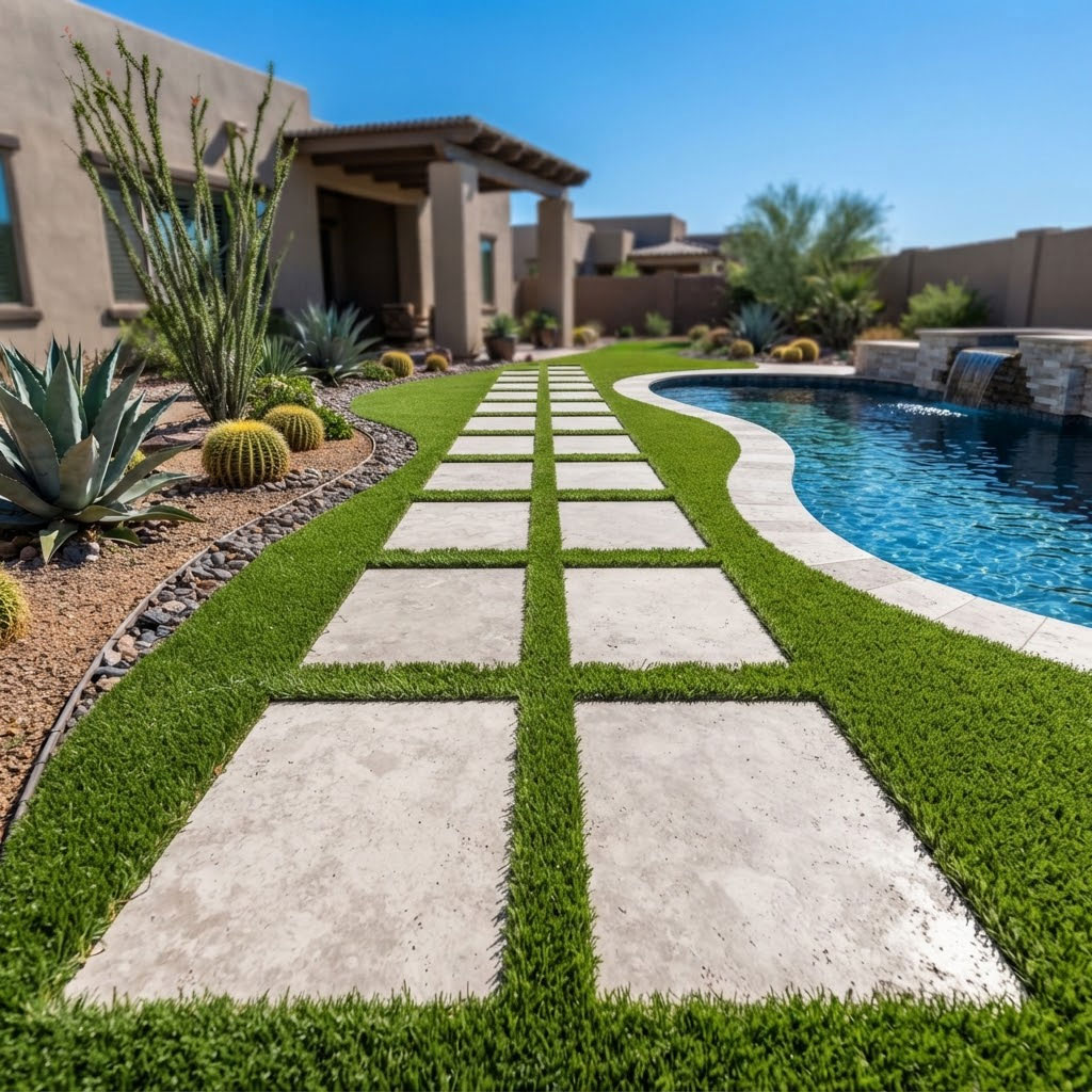 Modern-Stepping-Pads-Through-Turf-in-Scottsdale Square stepping pads set through artificial turf in a Scottsdale, Arizona backyard