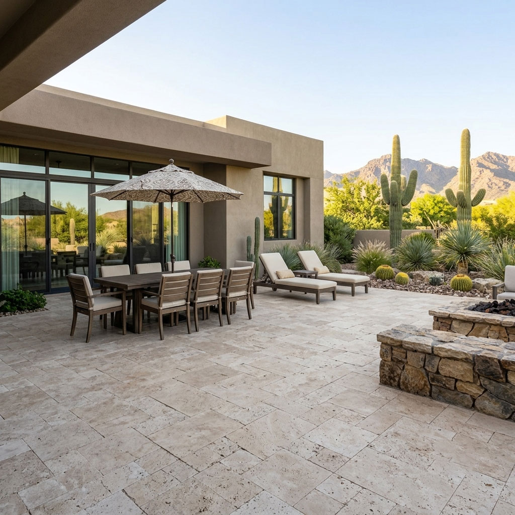Spacious travertine paver patio set up for outdoor dining and lounging next to a fire feature in an Arizona backyard.