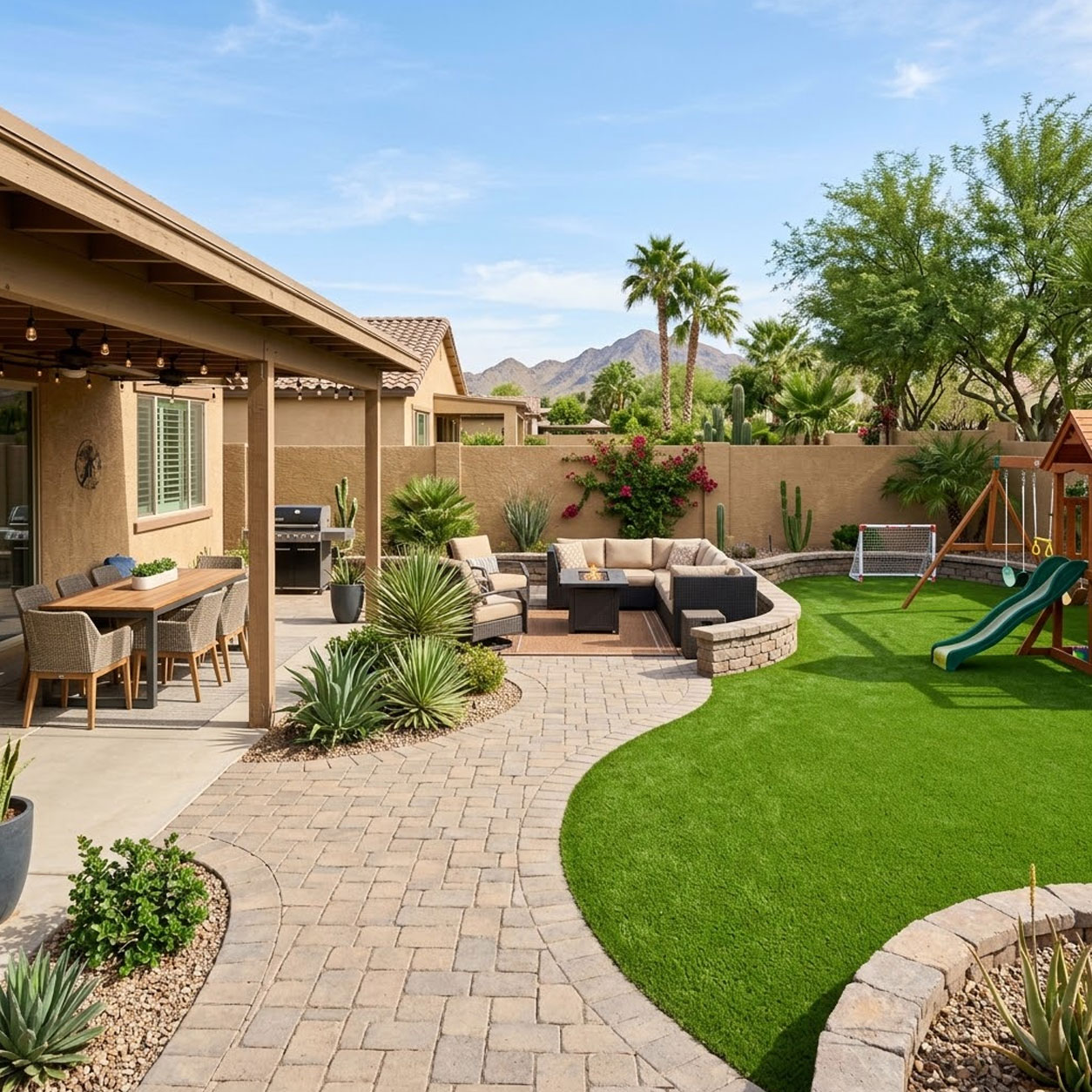 Connected dining, lounge and turf play zones in a multi-zone Phoenix, Arizona backyard