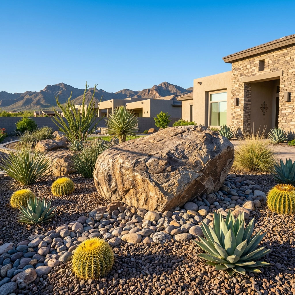 Photorealistic 8K architectural image showing a large natural boulder layered with smaller accent rock, golden barrel cactus, and agave in a Scottsdale garden bed.