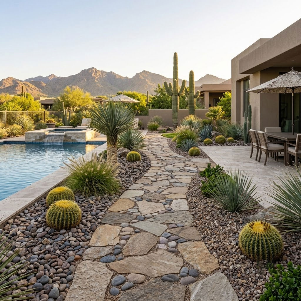 Curved natural stone walkway leading through desert landscaping and decorative rock in a Scottsdale, Arizona backyard.