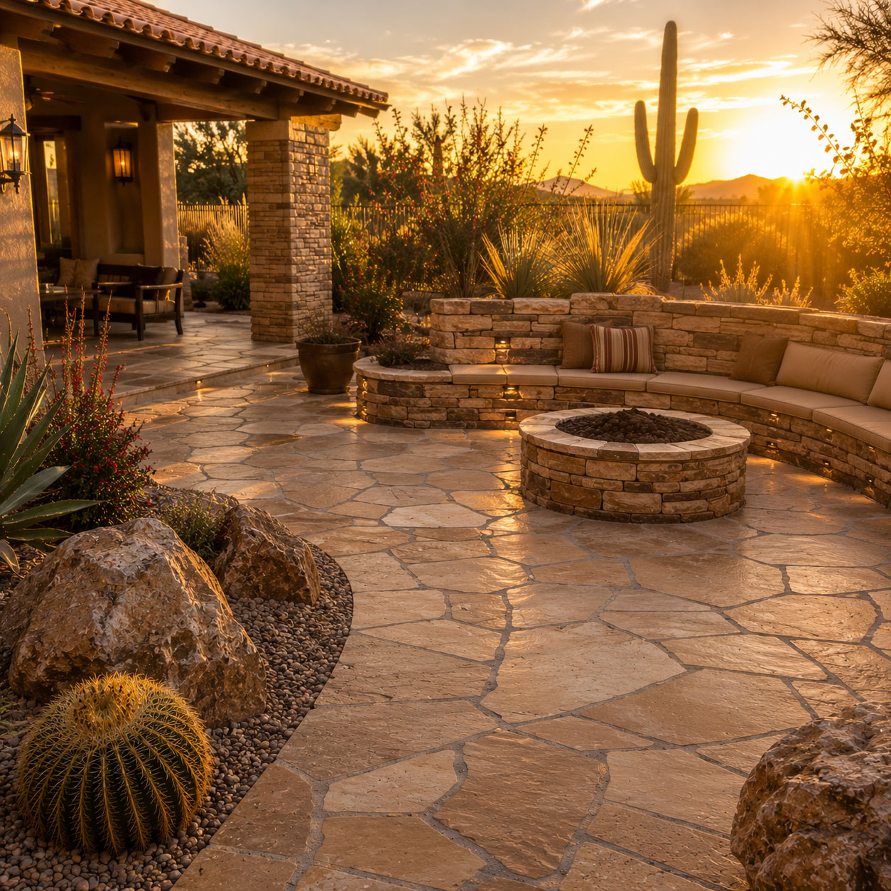 Warm natural stone patio and seating area with desert plantings at golden hour in a Phoenix, Arizona backyard