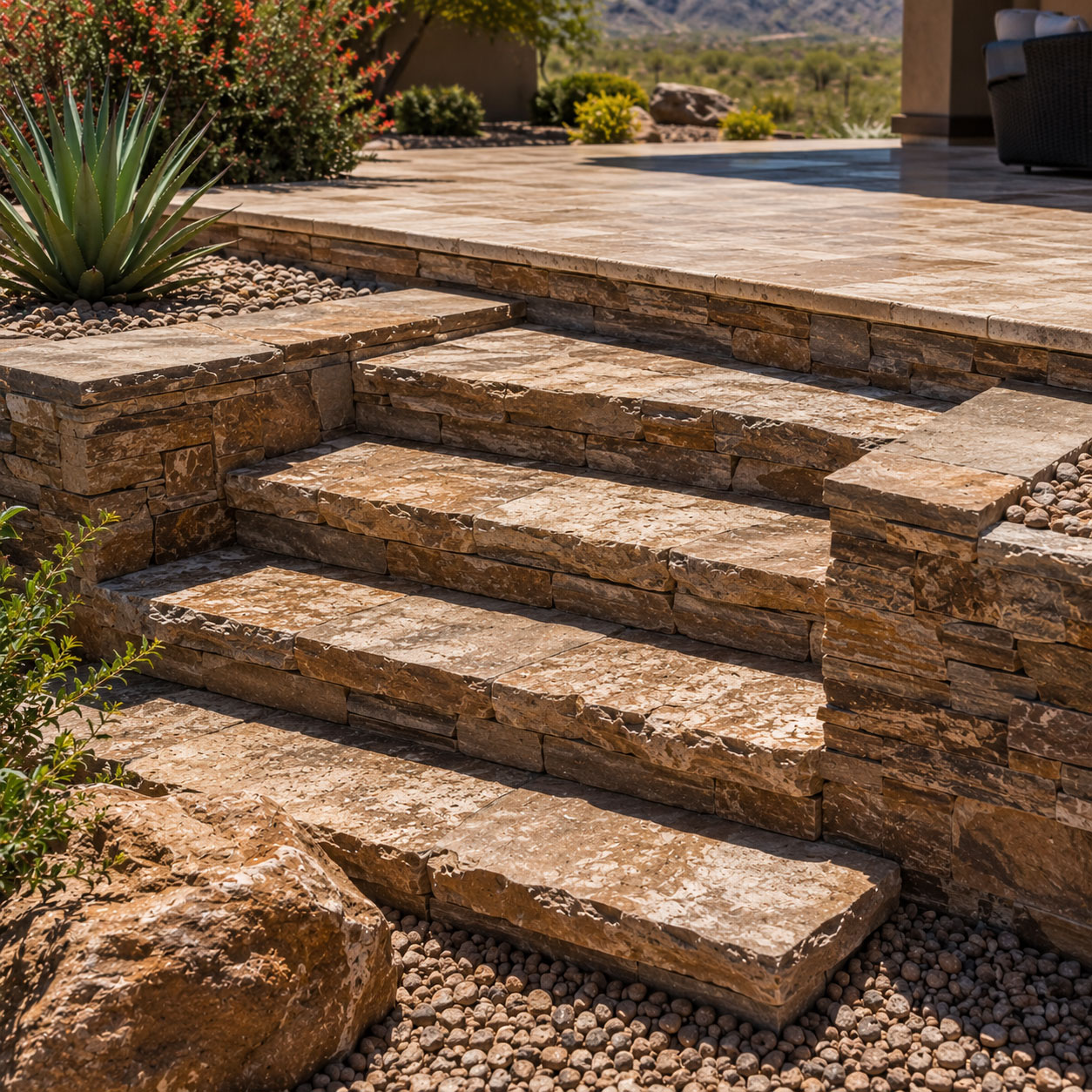 Natural stone steps connecting two patio elevation levels in a Scottsdale, Arizona backyard