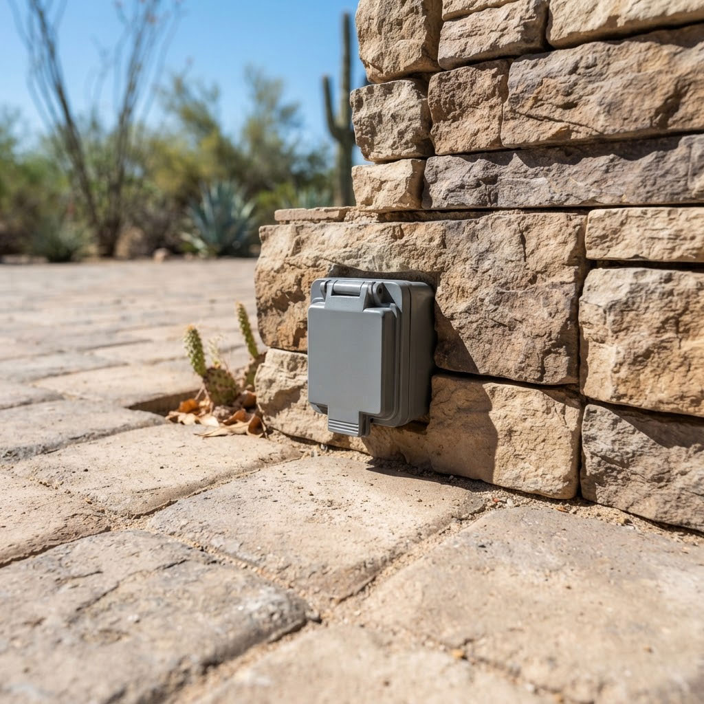 Outdoor-Electrical-Outlet-Finish-Detail-in-Phoenix Clean weatherproof outdoor outlet mounted on a stone wall base in a Phoenix, Arizona backyard