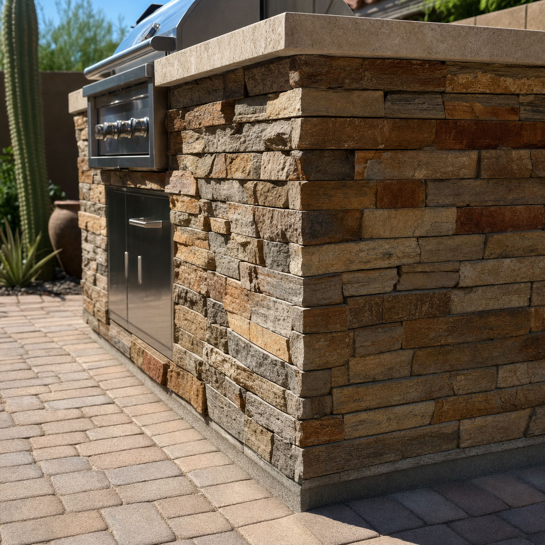 Close-up of a stone veneer grill island base meeting a paver patio in a Phoenix, Arizona backyard