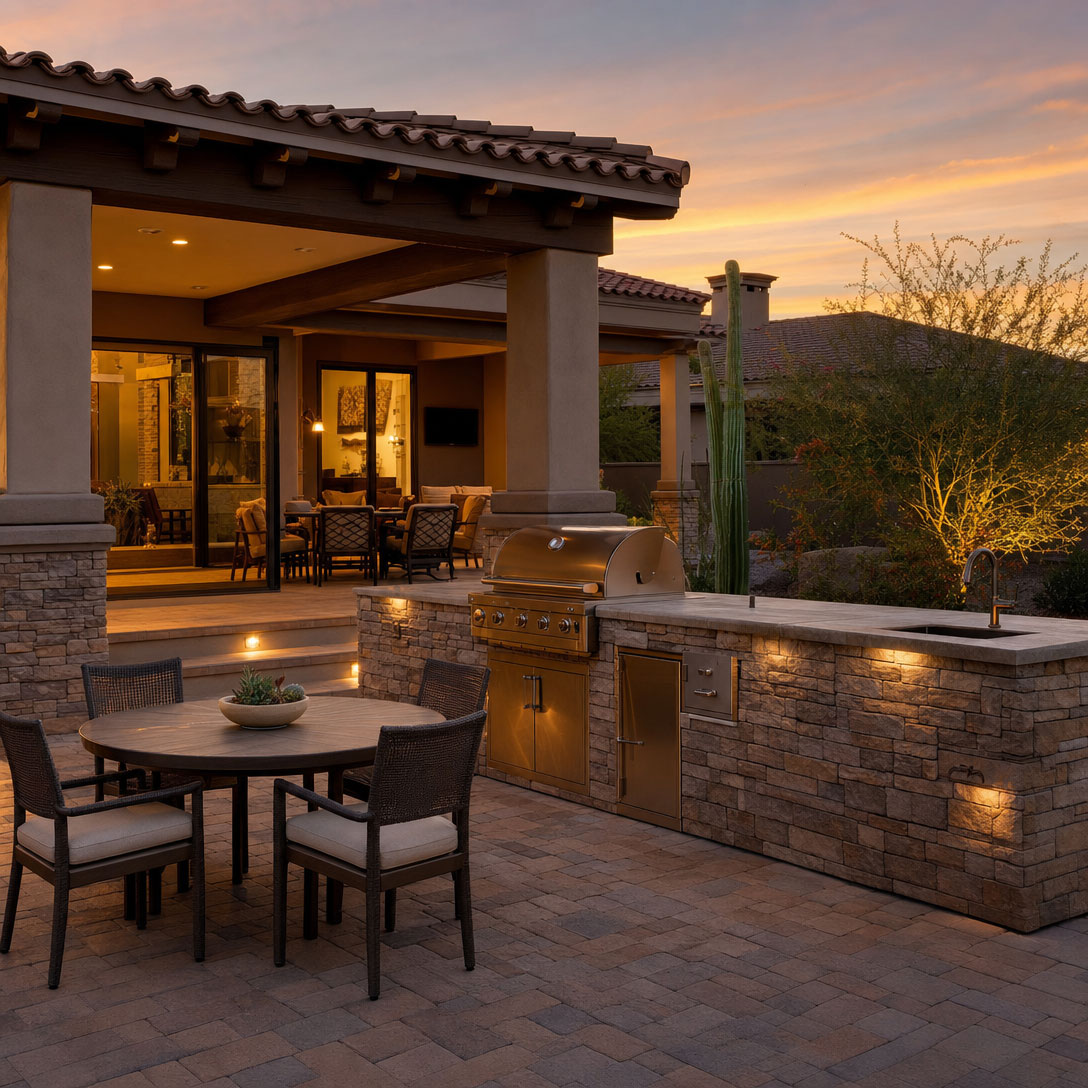 Complete outdoor kitchen and dining patio at golden hour in a Phoenix, Arizona backyard