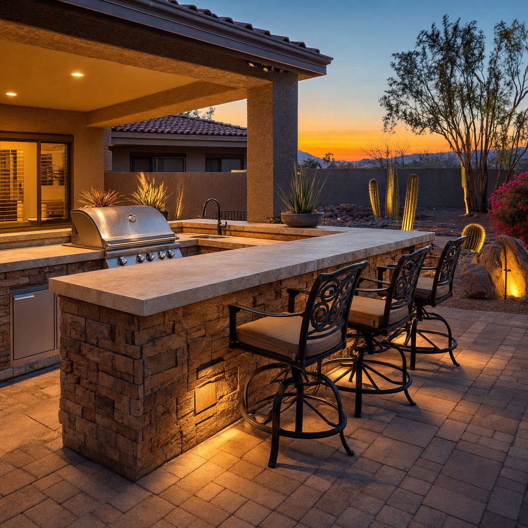 Grill island with a travertine bar counter and stools at dusk in a Phoenix, Arizona backyard