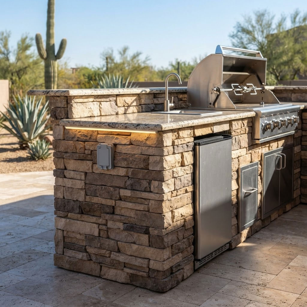 Outdoor-Kitchen-with-Under-Counter-Lighting-in-Scottsdale Stone-veneer outdoor kitchen counter with integrated under-counter lighting in Scottsdale, Arizona
