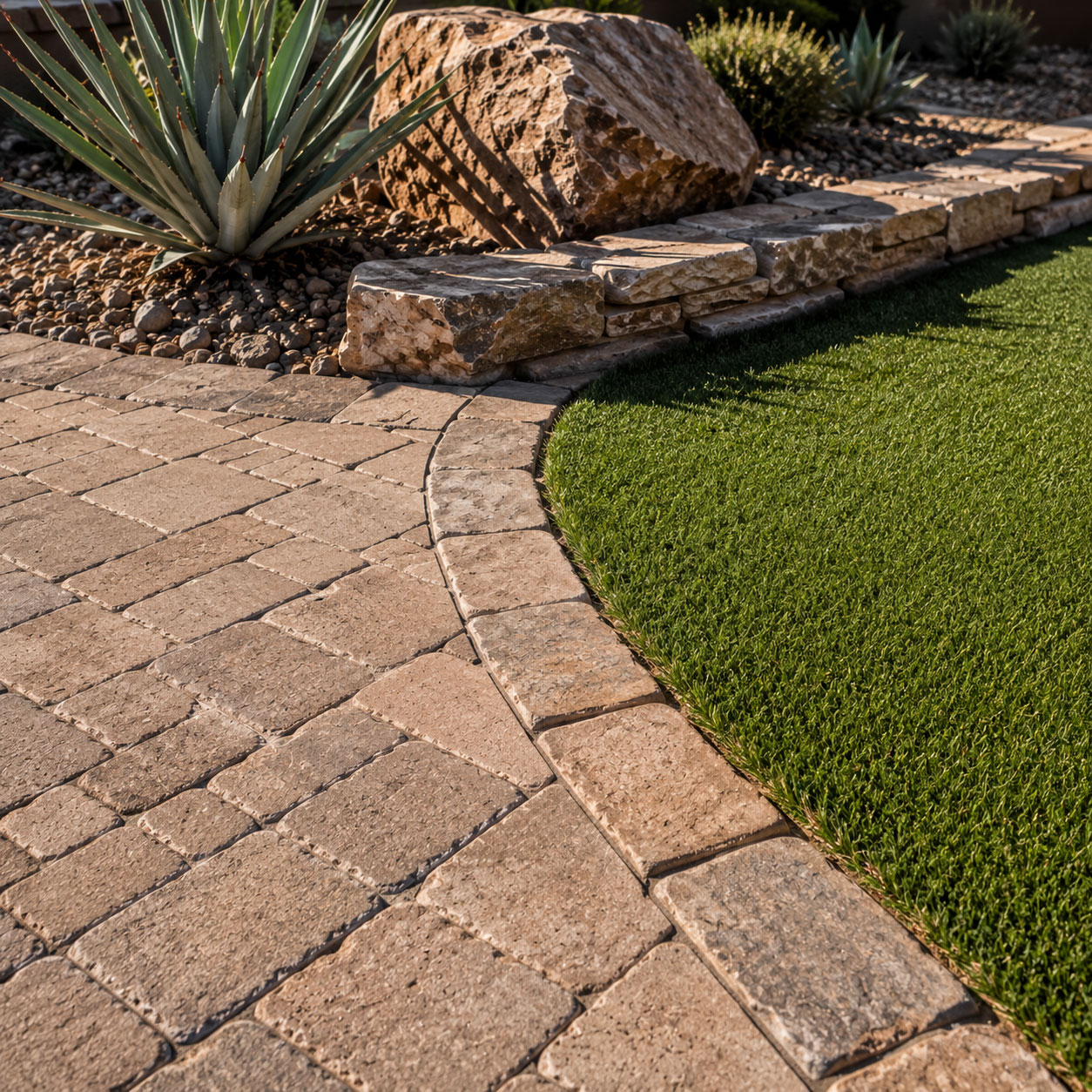 Close-up of a paver patio meeting turf and a stone border in a Phoenix, Arizona backyard