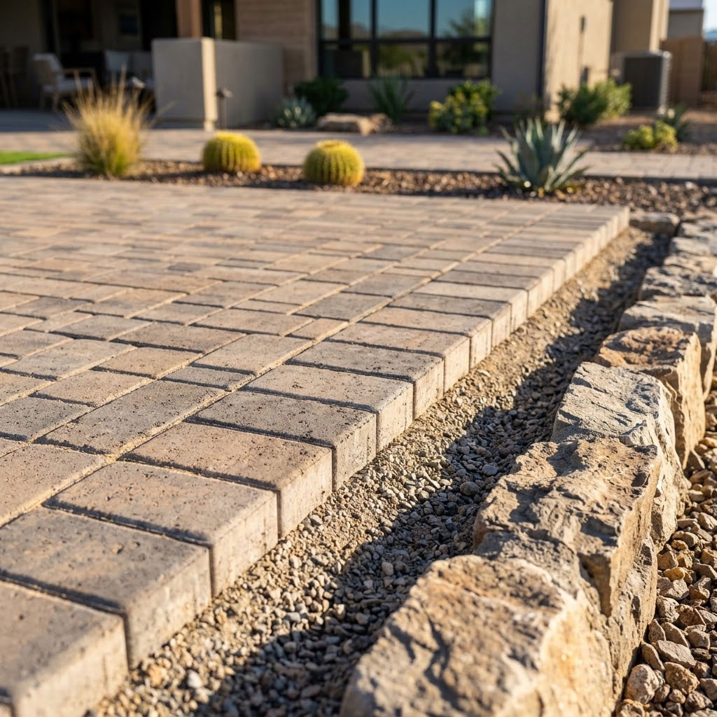 Close-up of paver joints and edge restraint meeting a stone border in a Phoenix, Arizona yard