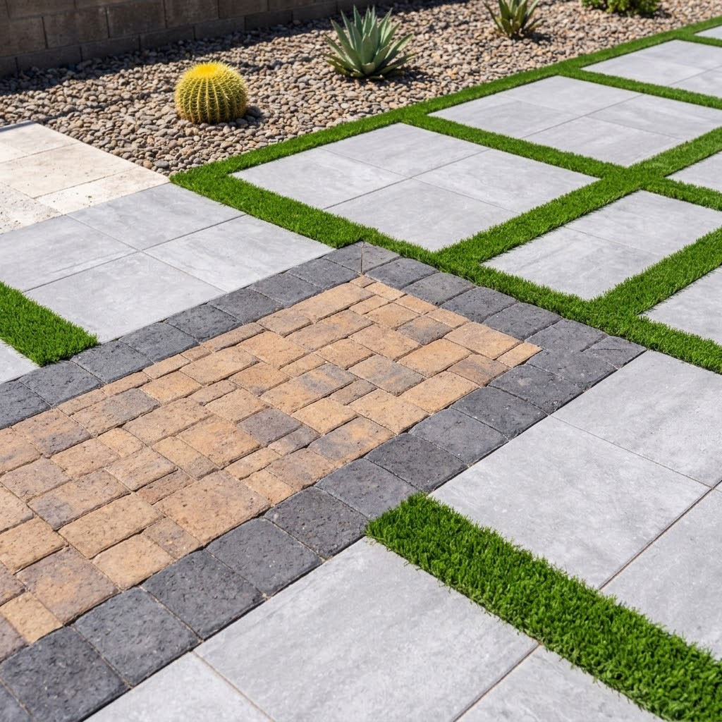 Close-up of a contrasting paver border and inlay pattern on a Scottsdale, Arizona patio