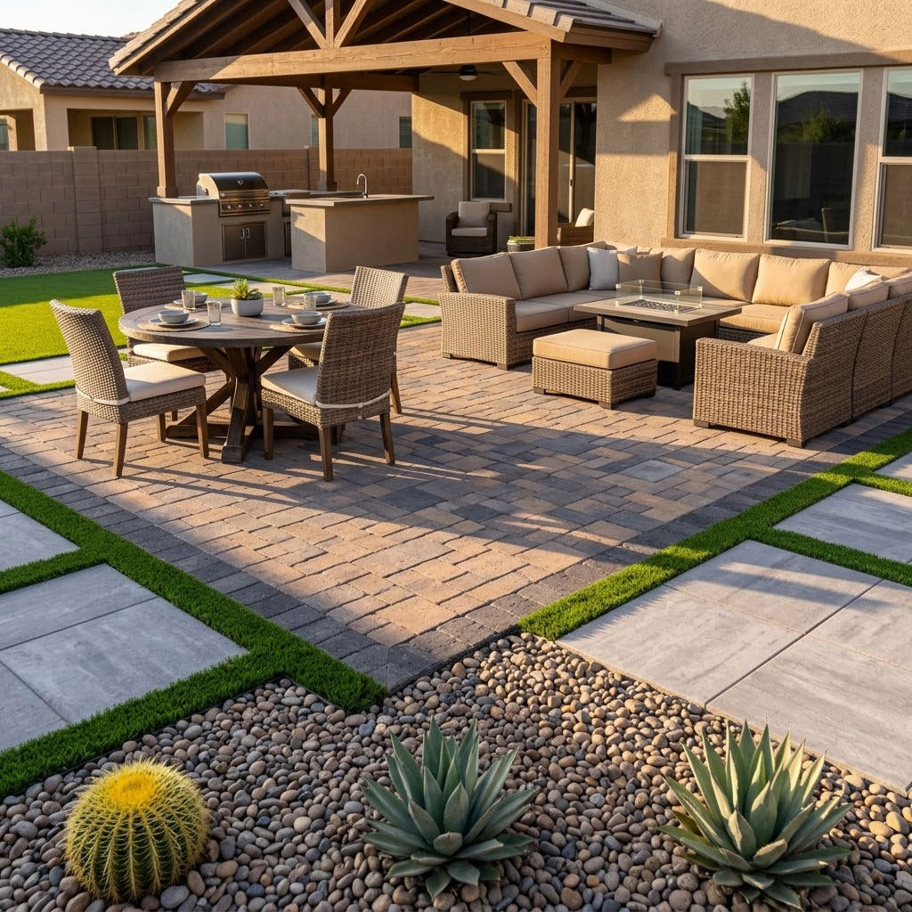 Complete paver patio with dining and lounge furniture at golden hour in a Phoenix, Arizona backyard