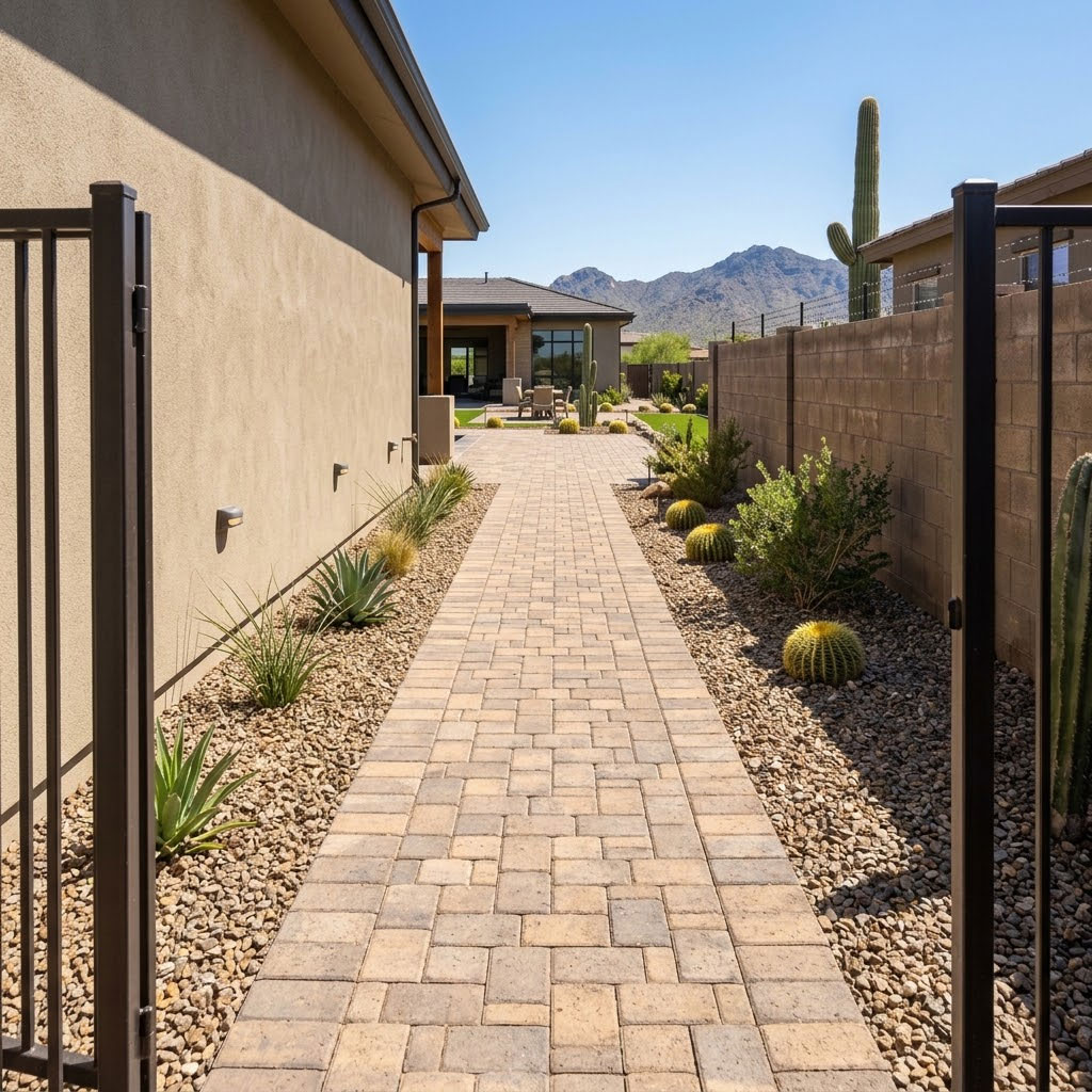 Paver walkway connecting a side gate to the backyard patio in a Phoenix, Arizona home