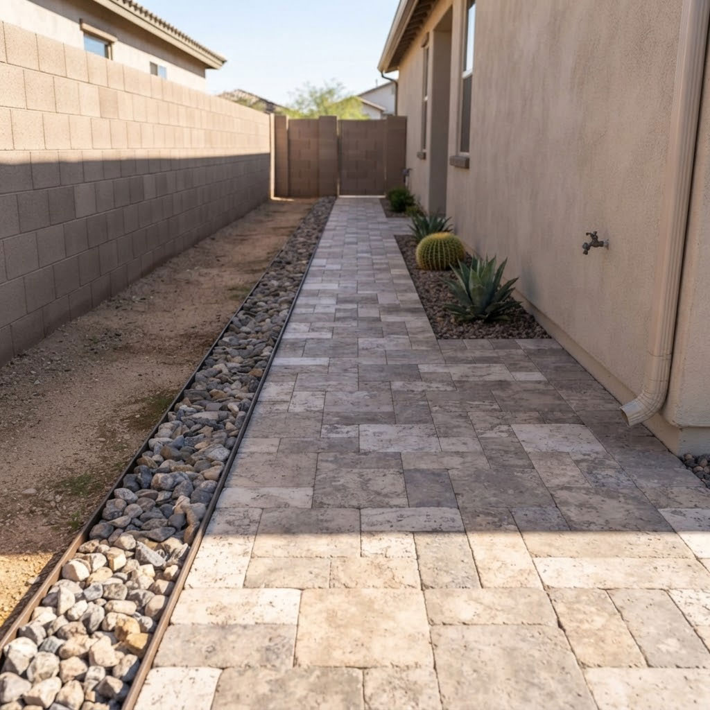 Paver-Side-Yard-Service-Path-in-Phoenix,-Arizona Simple paver path through a narrow side yard in a Phoenix, Arizona home