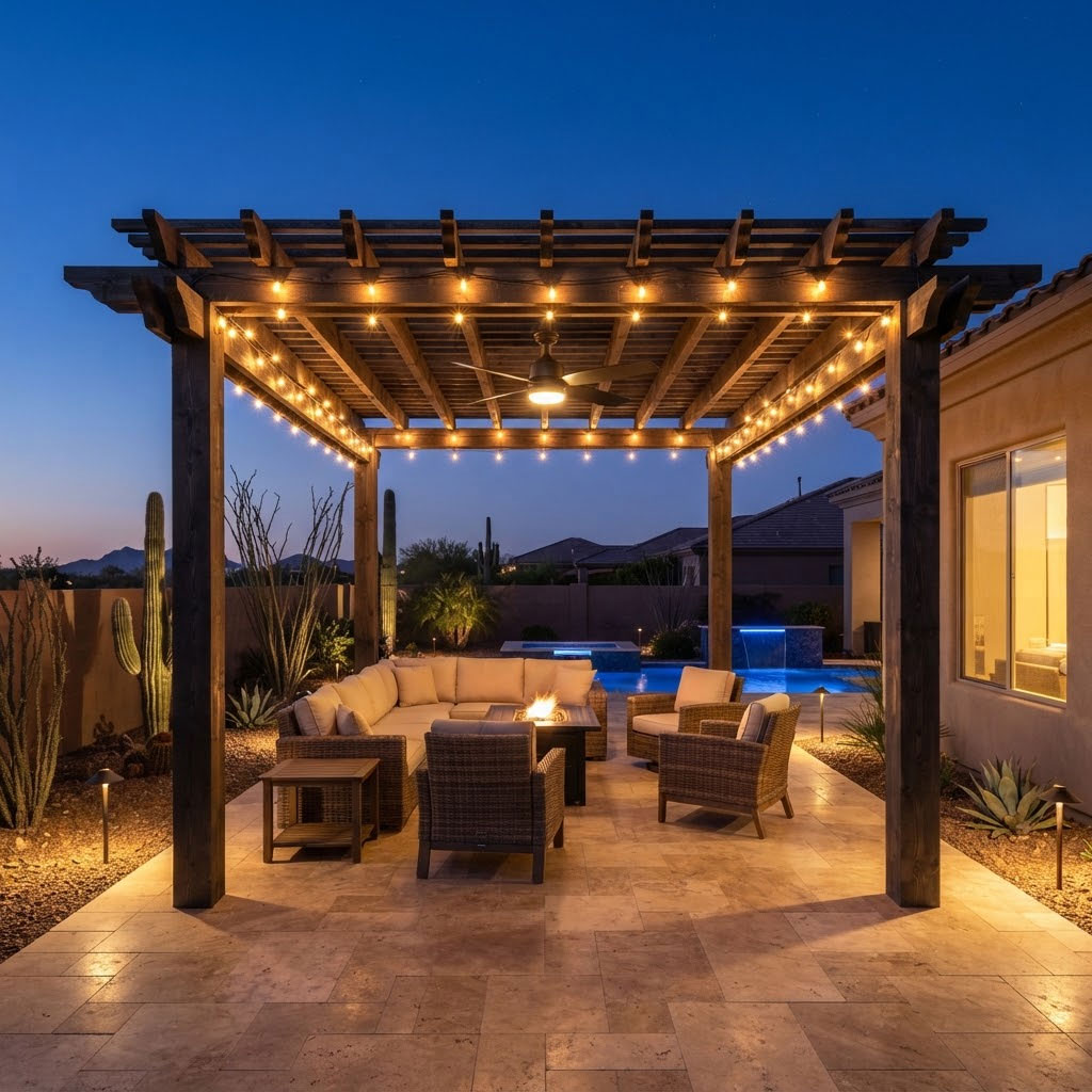 Pergola-with-String-Lighting-and-Fan-in-Phoenix Pergola with warm string lighting and a ceiling fan at dusk in a Phoenix, Arizona backyard