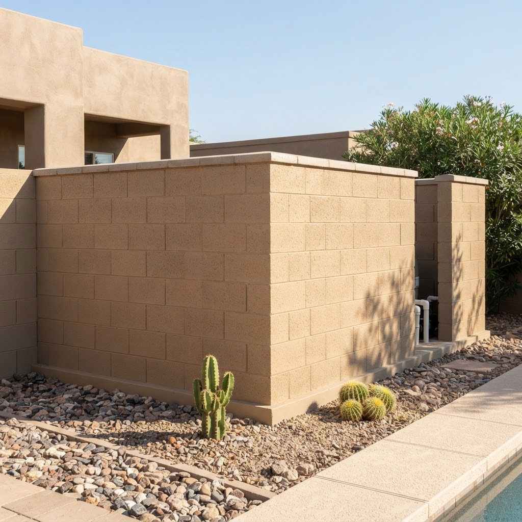Pool-Equipment-Screen-Wall-in-a-Phoenix-Backyard Stucco block screen wall discreetly enclosing pool equipment in a Phoenix, Arizona backyard