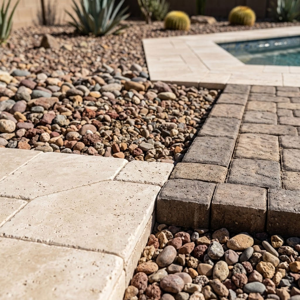 Close-up of travertine pool decking meeting a decorative rock bed in a Phoenix, Arizona backyard