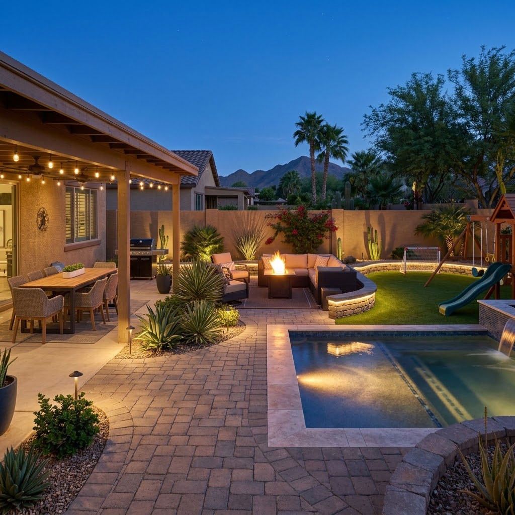 Fire pit lounge with a seating wall beside a backyard pool at dusk in a Phoenix, Arizona home