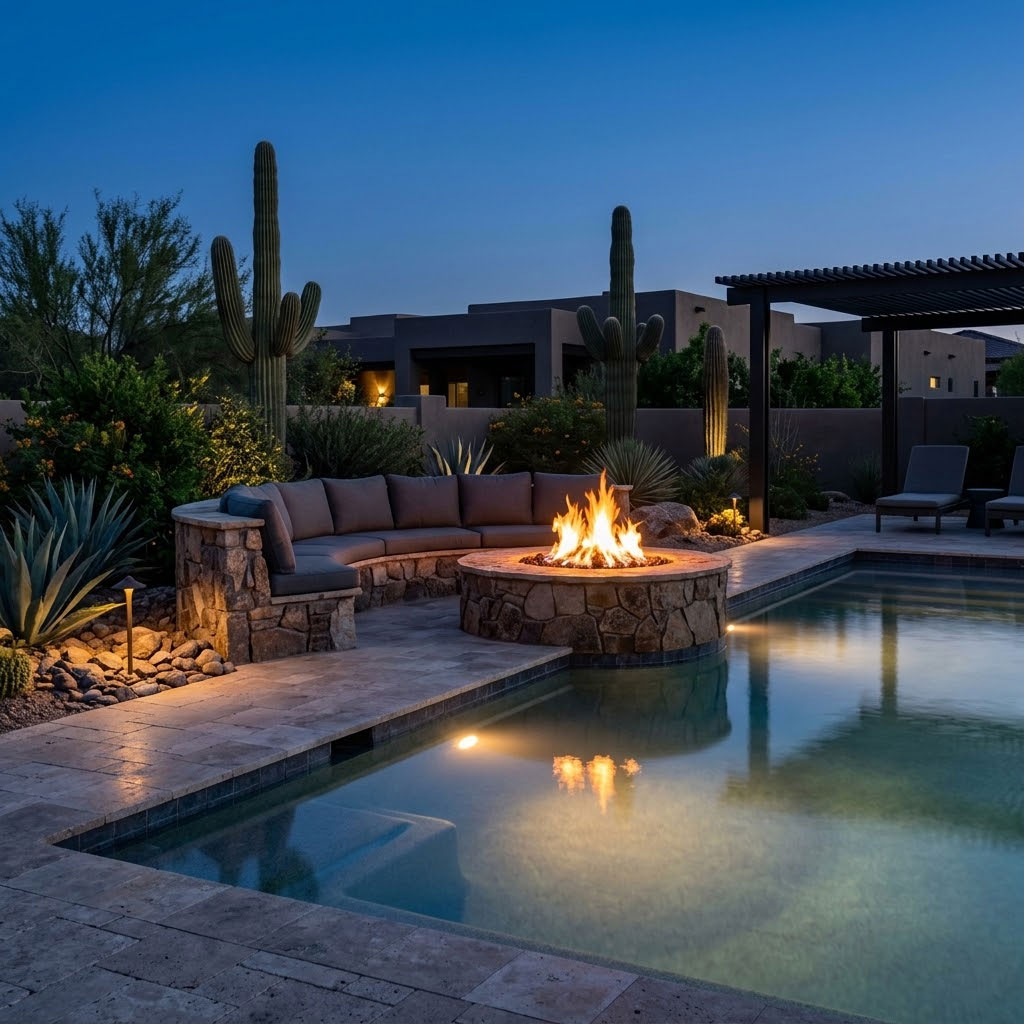 Stone fire pit with glowing flames beside a backyard pool at dusk in Scottsdale, Arizona