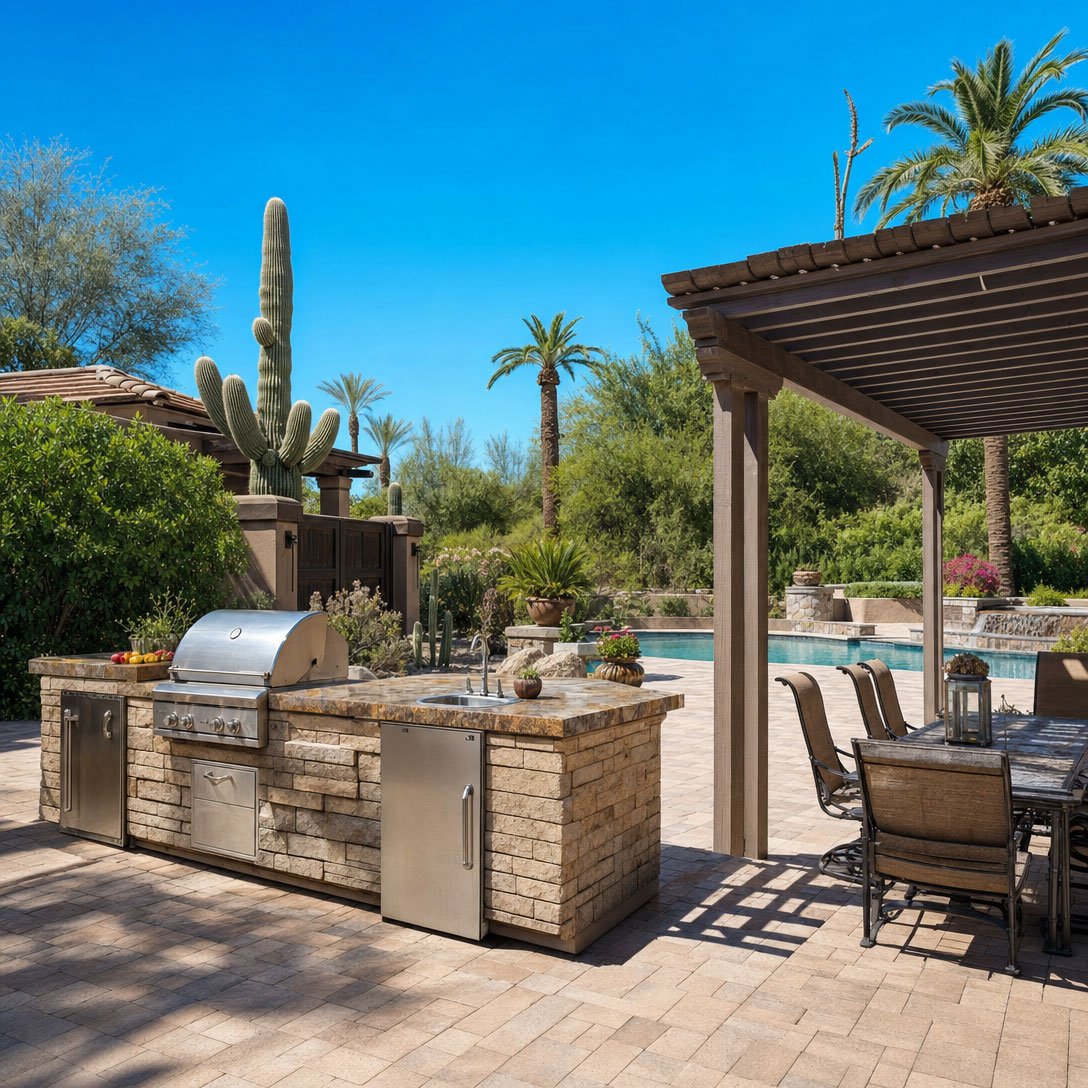 Stone-veneer outdoor kitchen positioned beside a backyard pool in a Scottsdale, Arizona home