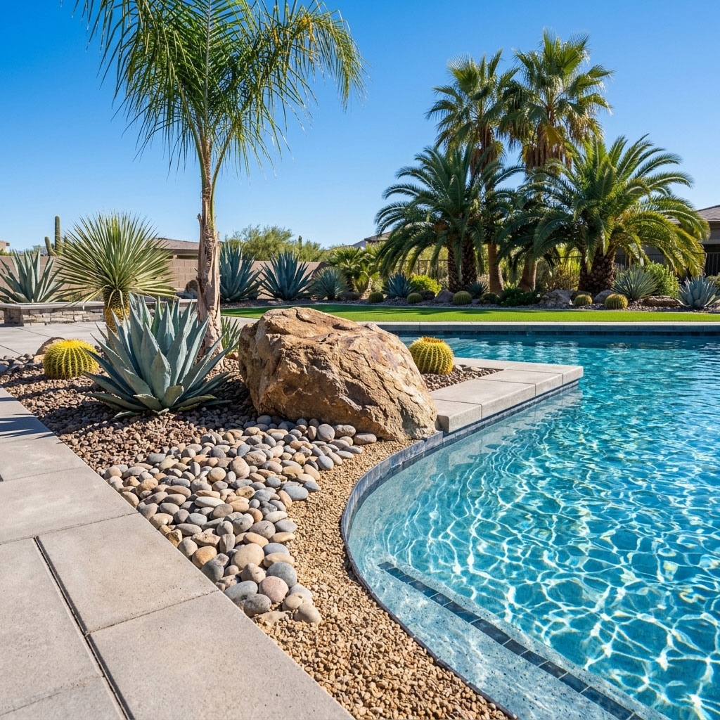 Photorealistic 8K photograph of clean river rock borders and natural boulder accents alongside a sparkling swimming pool and large-format concrete pavers in Phoenix.