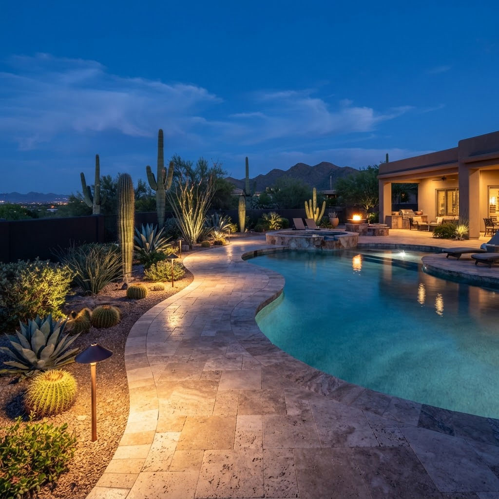 Travertine poolside walkway lit with low-voltage lighting at dusk in Scottsdale, Arizona