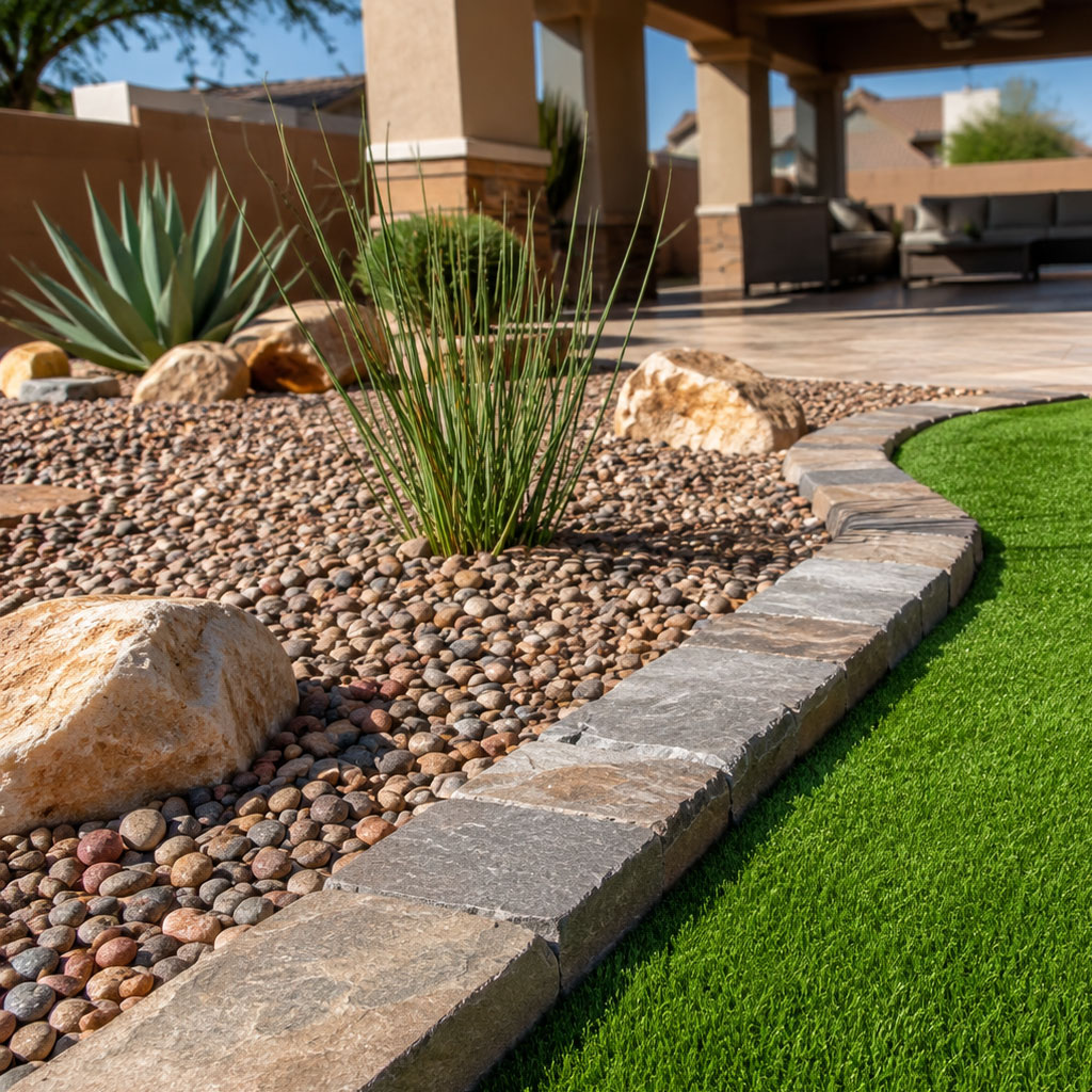 Photorealistic 8K hardscape photo of a precise stacked stone border separating manicured green turf from a smooth crushed granite rock bed in a Phoenix backyard.