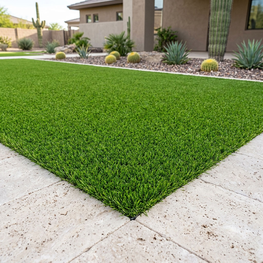 Close-up 1:1 shot of lush green artificial turf lawn with clean travertine paver edging and desert landscaping in Phoenix, Arizona.