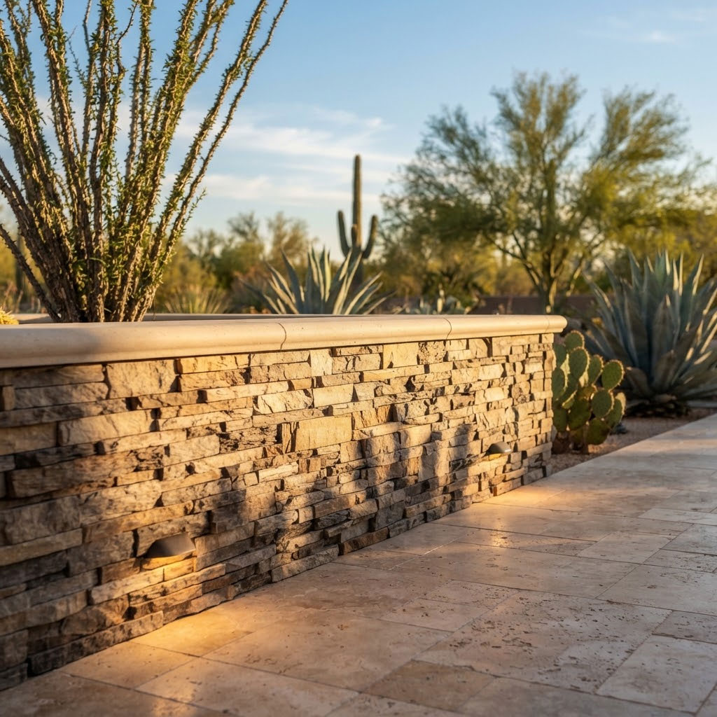 Premium-Block-Wall-with-Clean-Design-in-Scottsdale Clean-lined block wall with premium stone veneer finish beside a luxury patio in Scottsdale, Arizona