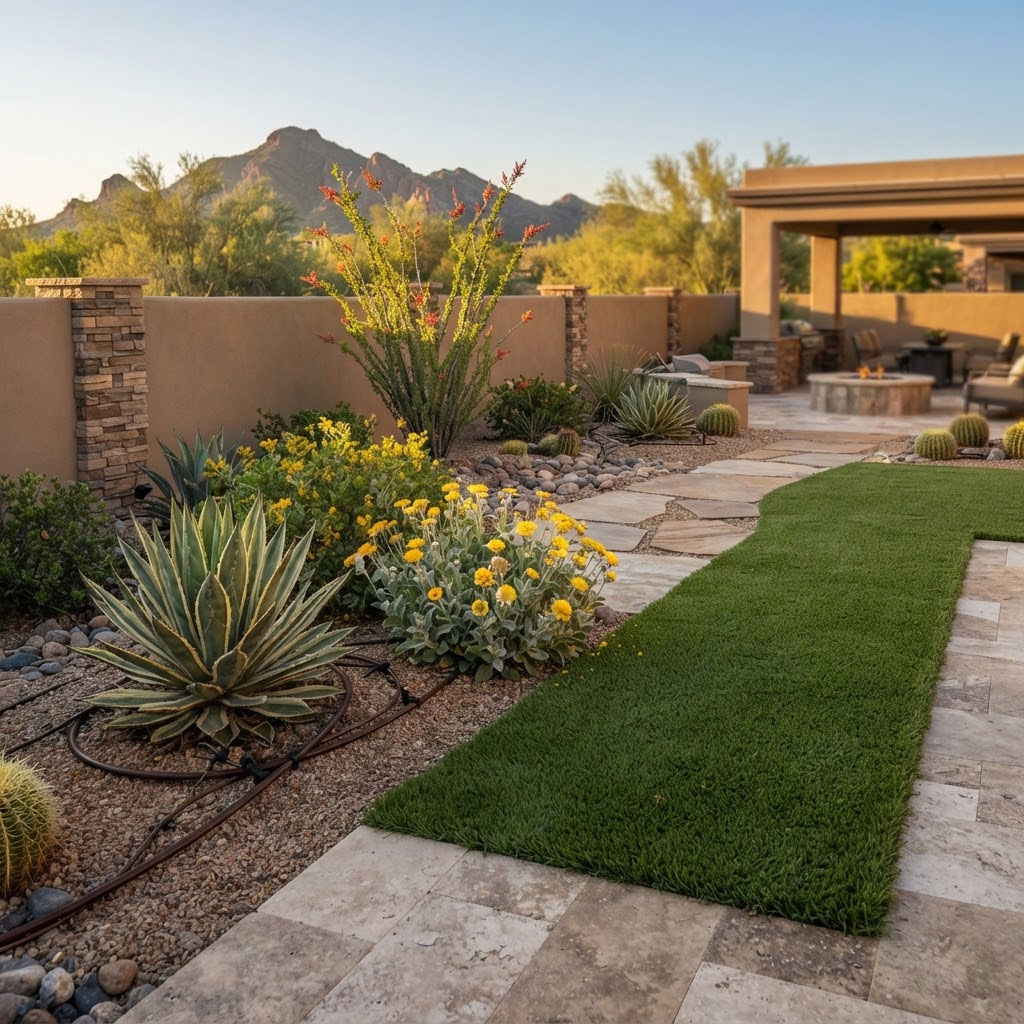 Premium-Landscape-Bed-Supported-by-Irrigation-in-Scottsdale Turf, planting and stone features supported by coordinated irrigation in a Scottsdale, Arizona backyard