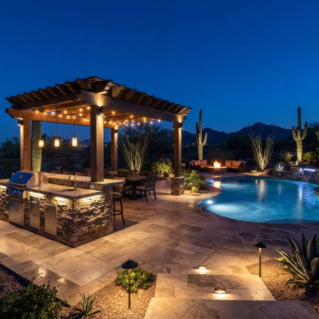 Premium-Lit-Outdoor-Living-Space-in-Scottsdale-at-Dusk Outdoor kitchen, pergola and pool lighting glowing together at dusk in a Scottsdale, Arizona backyard
