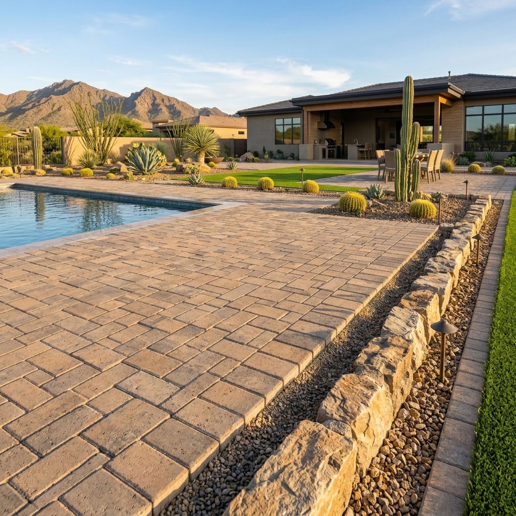 Travertine and paver patio with a geometric pattern near a pool in Scottsdale, Arizona