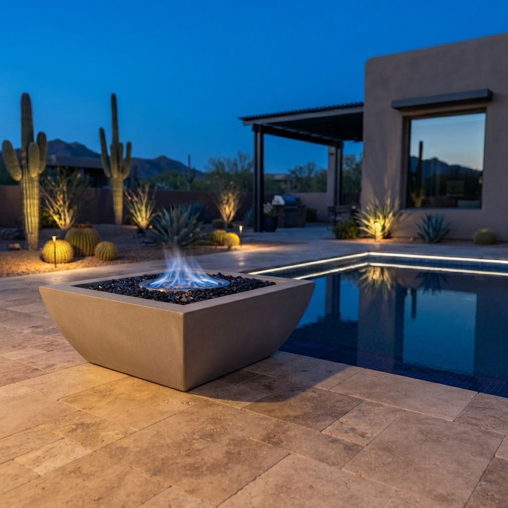 Gas fire feature glowing beside a modern pool at dusk in a resort-style Scottsdale, Arizona backyard