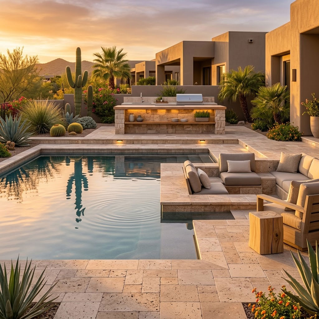 Travertine pool deck with a stone seating area and outdoor kitchen in Scottsdale, Arizona