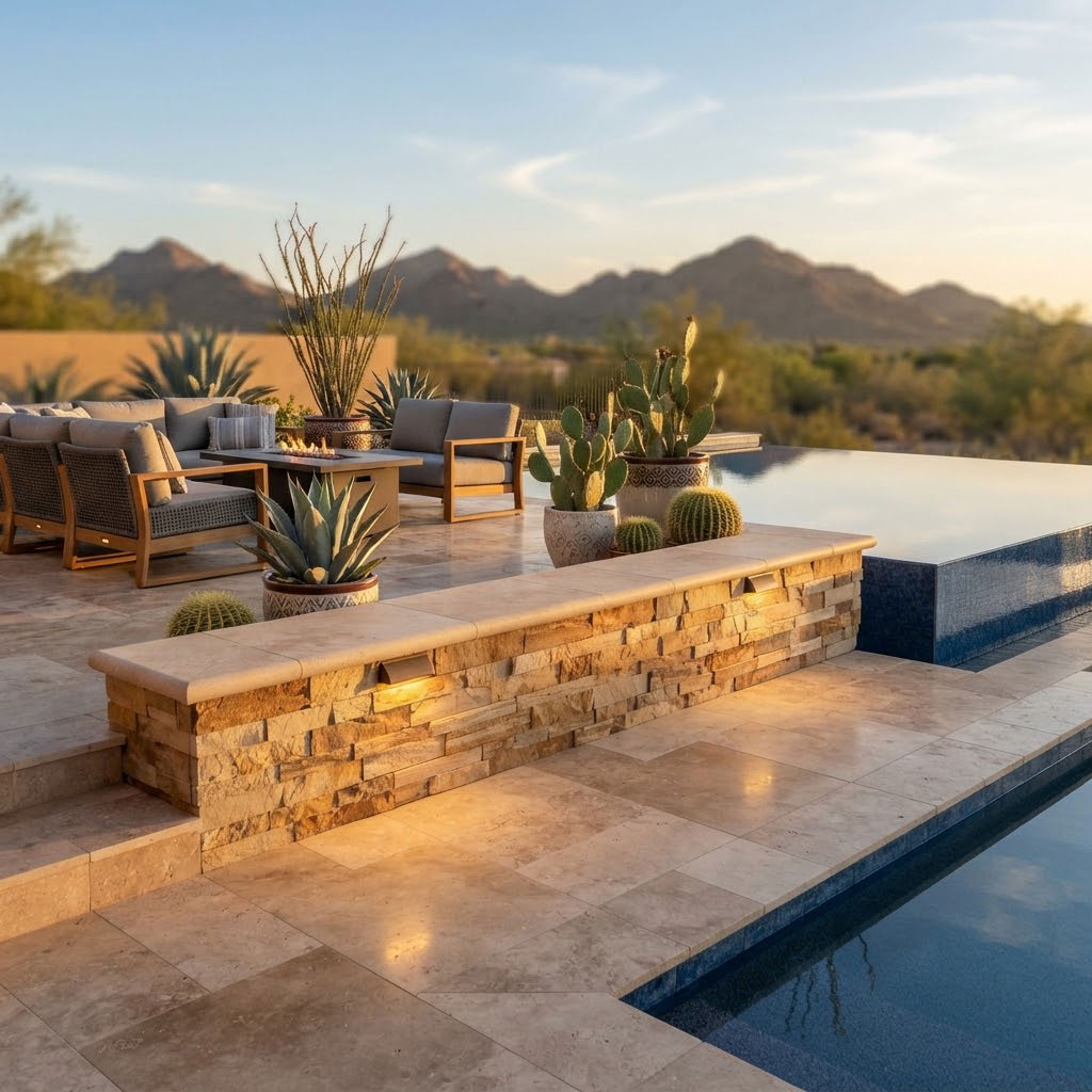 Clean-lined stone veneer wall bordering a travertine patio near a pool in Scottsdale, Arizona