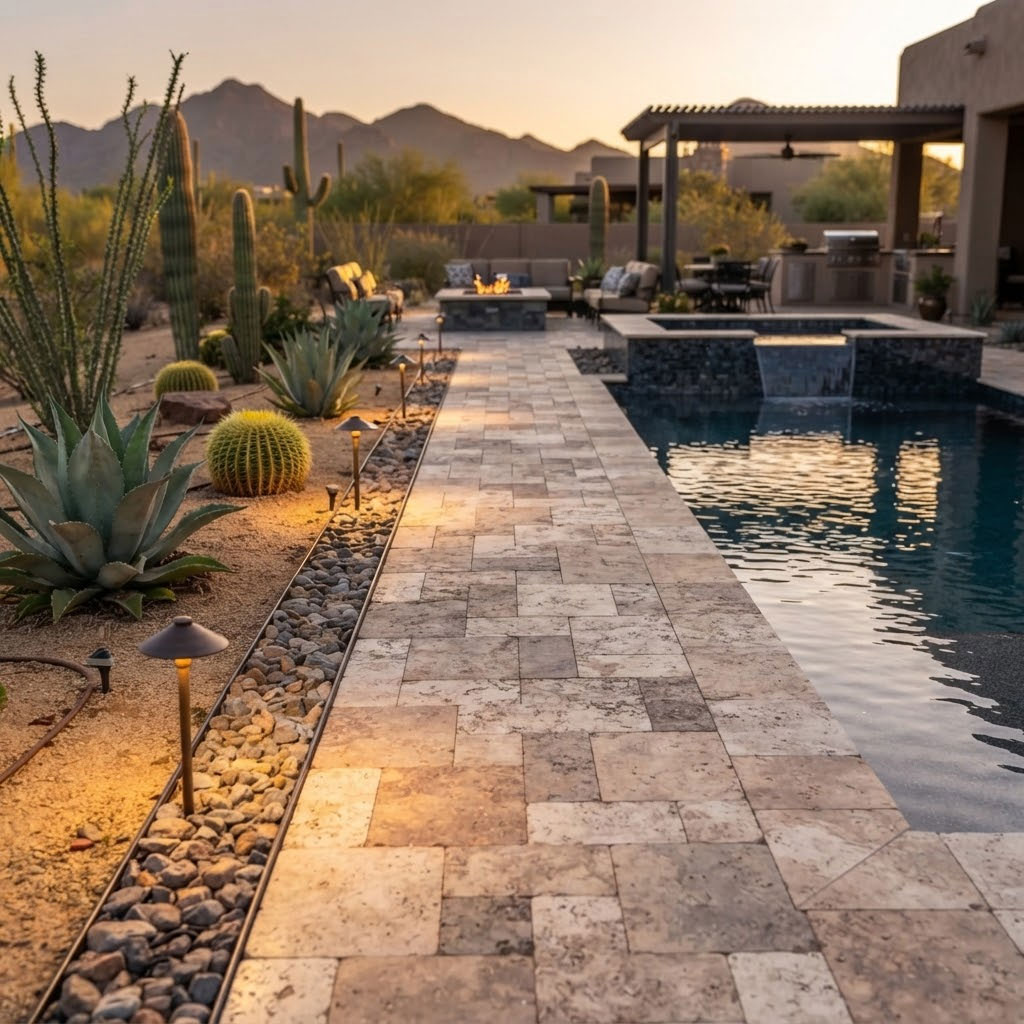 Premium-Travertine-Walkway-in-Scottsdale,-Arizona Travertine walkway connecting resort-style outdoor zones beside a pool in Scottsdale, Arizona