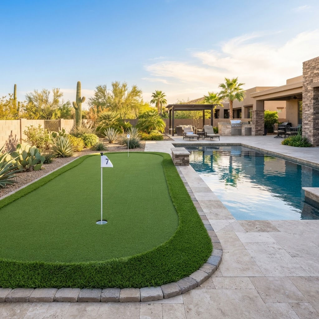 Small backyard putting green next to a travertine pool deck in a Phoenix, Arizona home
