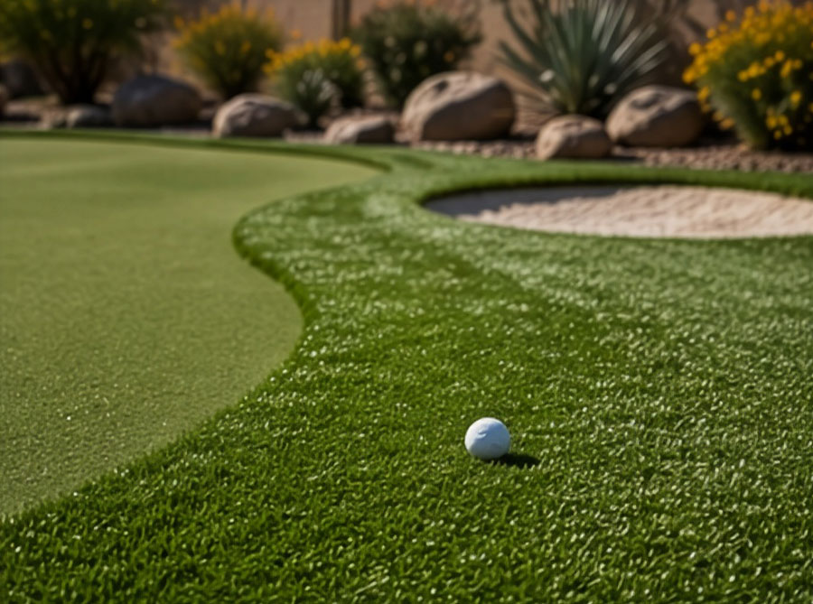 Scottsdale backyard putting green with short putting turf, fringe grass, and a dedicated chipping area