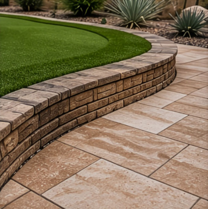 Backyard putting green with stacked-stone edging and travertine paver patio in an Arizona landscape