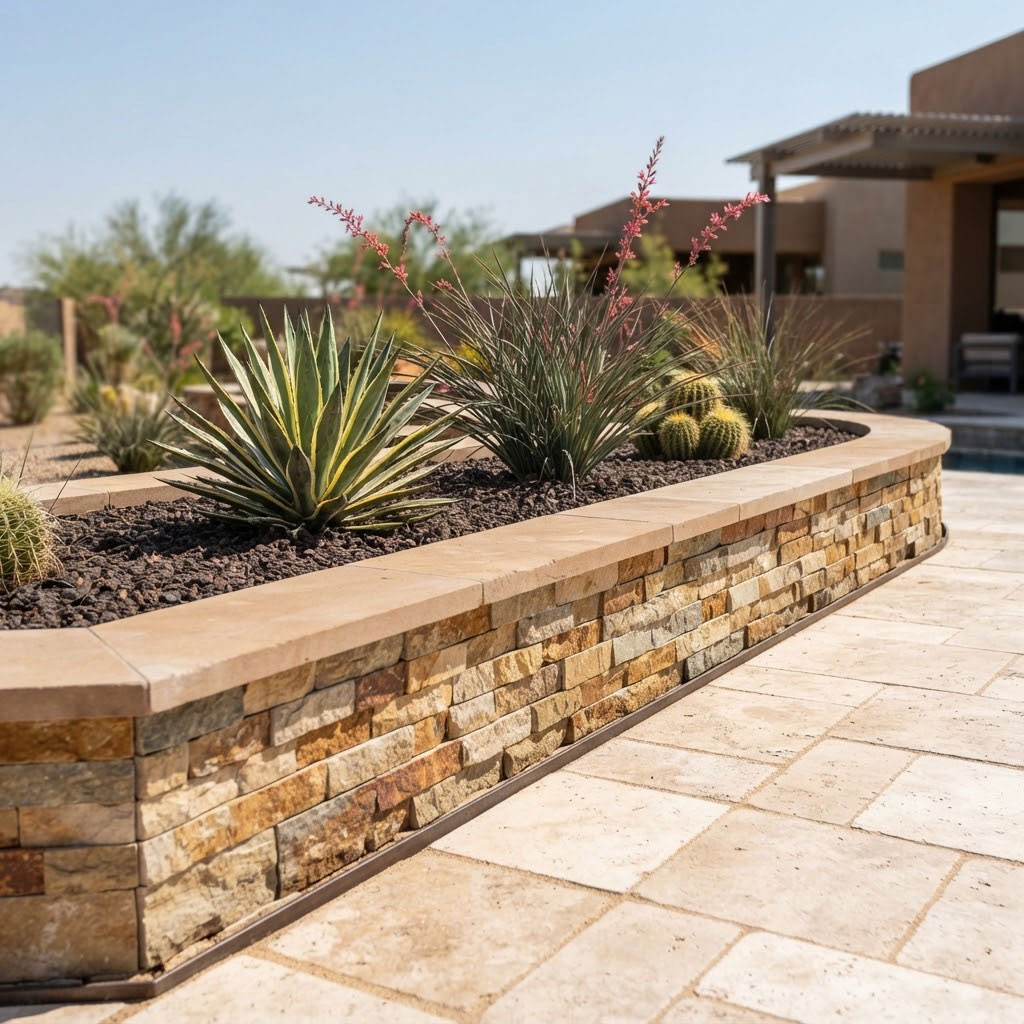 Stone veneer planter wall with desert plants beside a paver patio in a Phoenix, Arizona backyard
