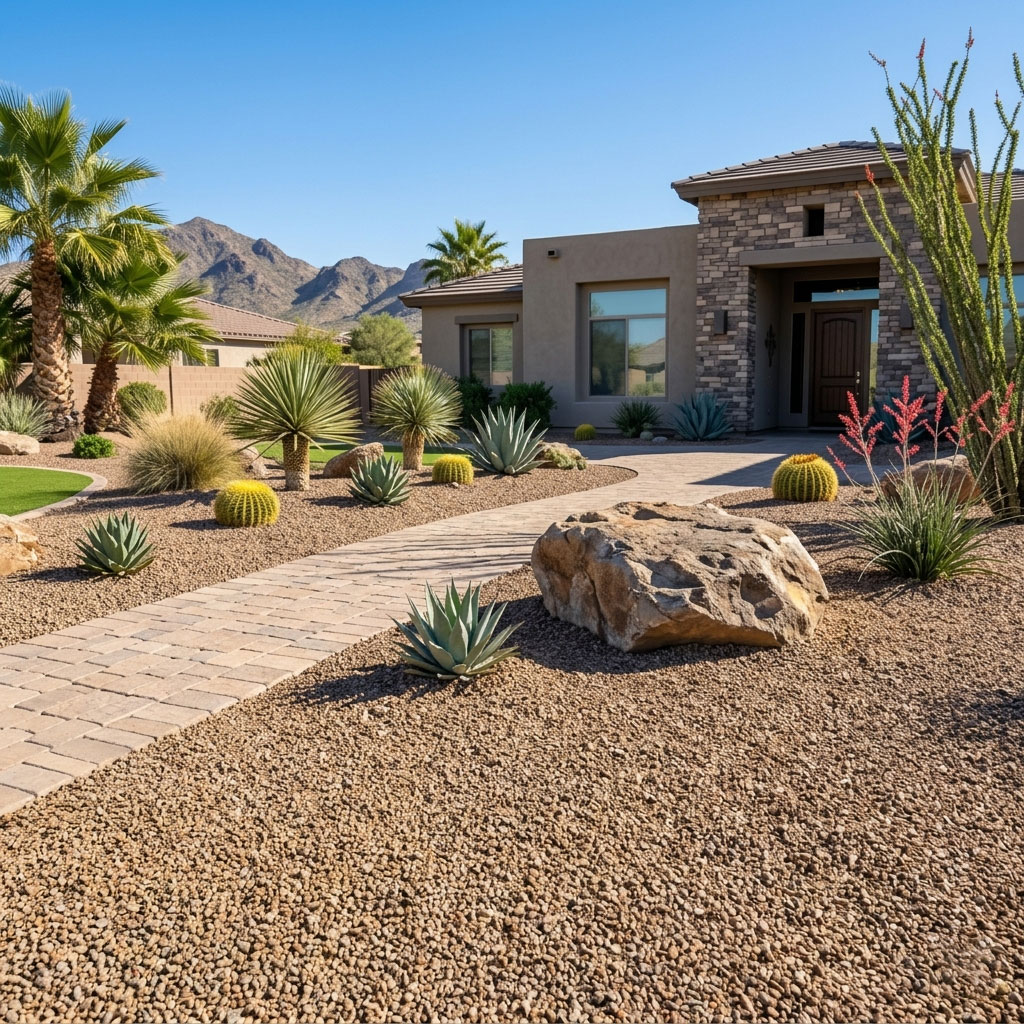 Photorealistic 8K real estate photo of a Phoenix front yard refreshed with clean crushed granite, natural boulder accents, and a paver walkway leading to a Southwest-style home.
