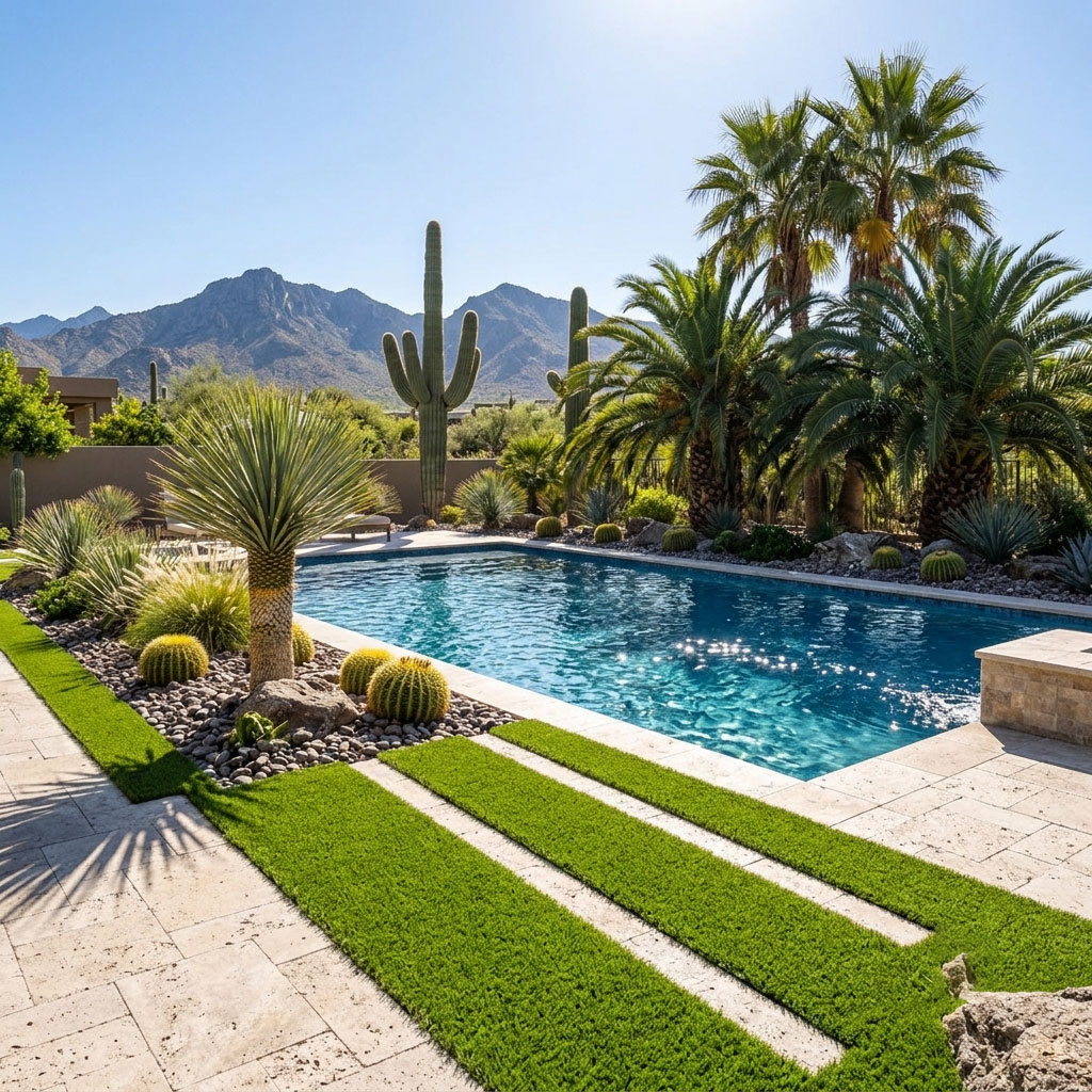 Blue swimming pool surrounded by travertine pavers, artificial turf strips, palm trees, and mountain views in Scottsdale, Arizona.