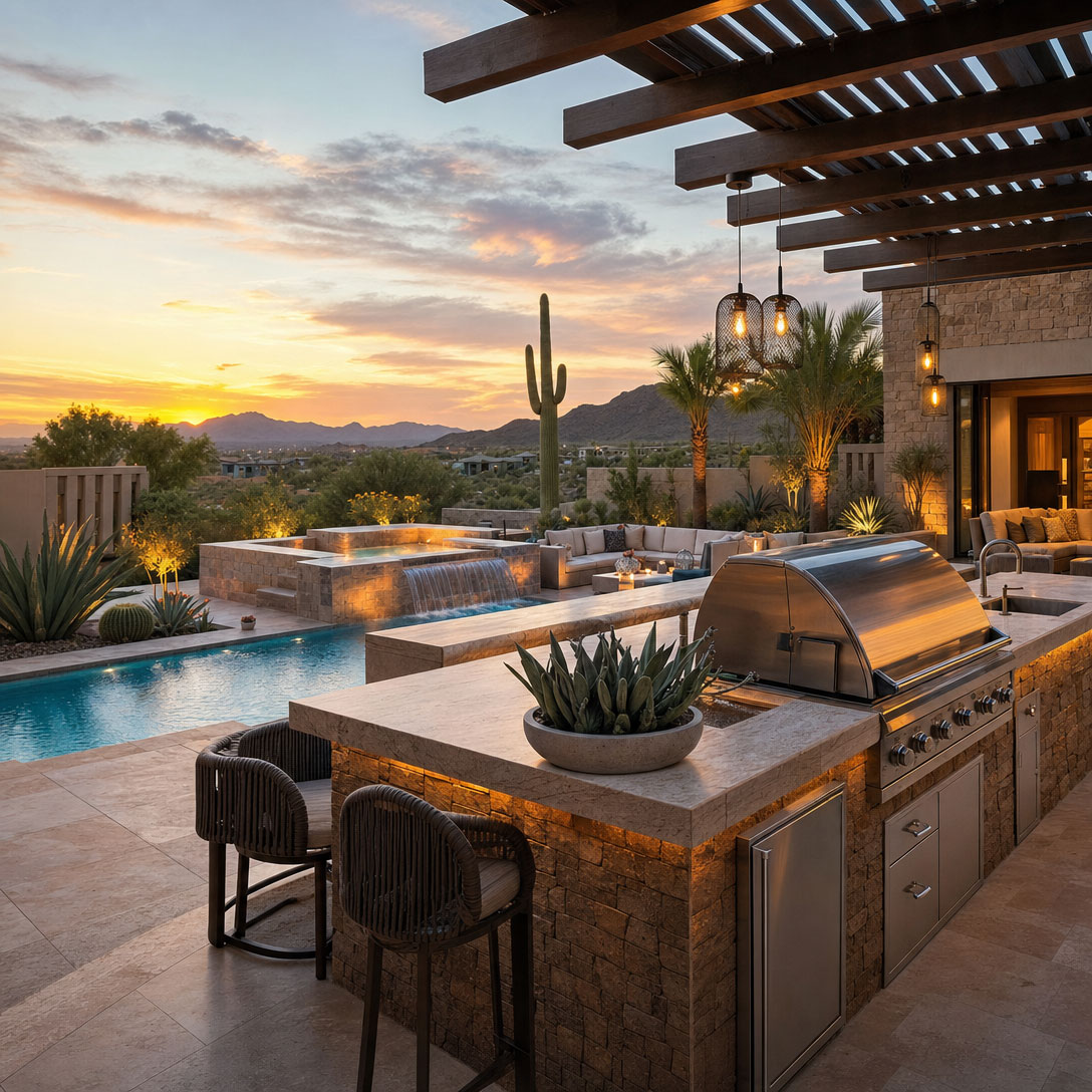 Resort-Style Outdoor Kitchen Near a Pool in Scottsdale