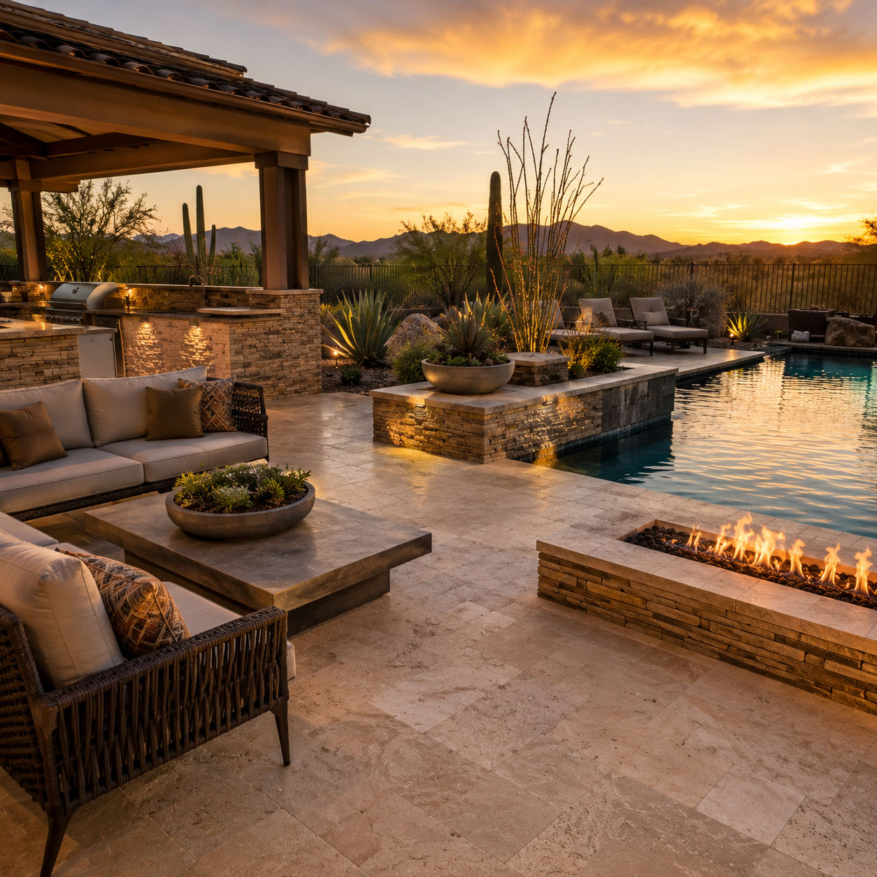 Travertine patio with lounge furniture, pool edge and fire feature in a Scottsdale, Arizona backyard