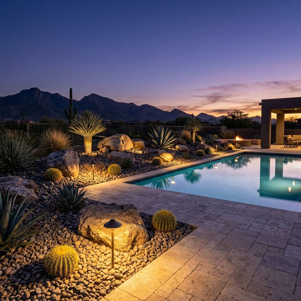 Photorealistic 8K dusk photo of a resort-style Scottsdale backyard featuring low-voltage lighting illuminating accent boulders and a color-blended rock bed next to a travertine pool patio.