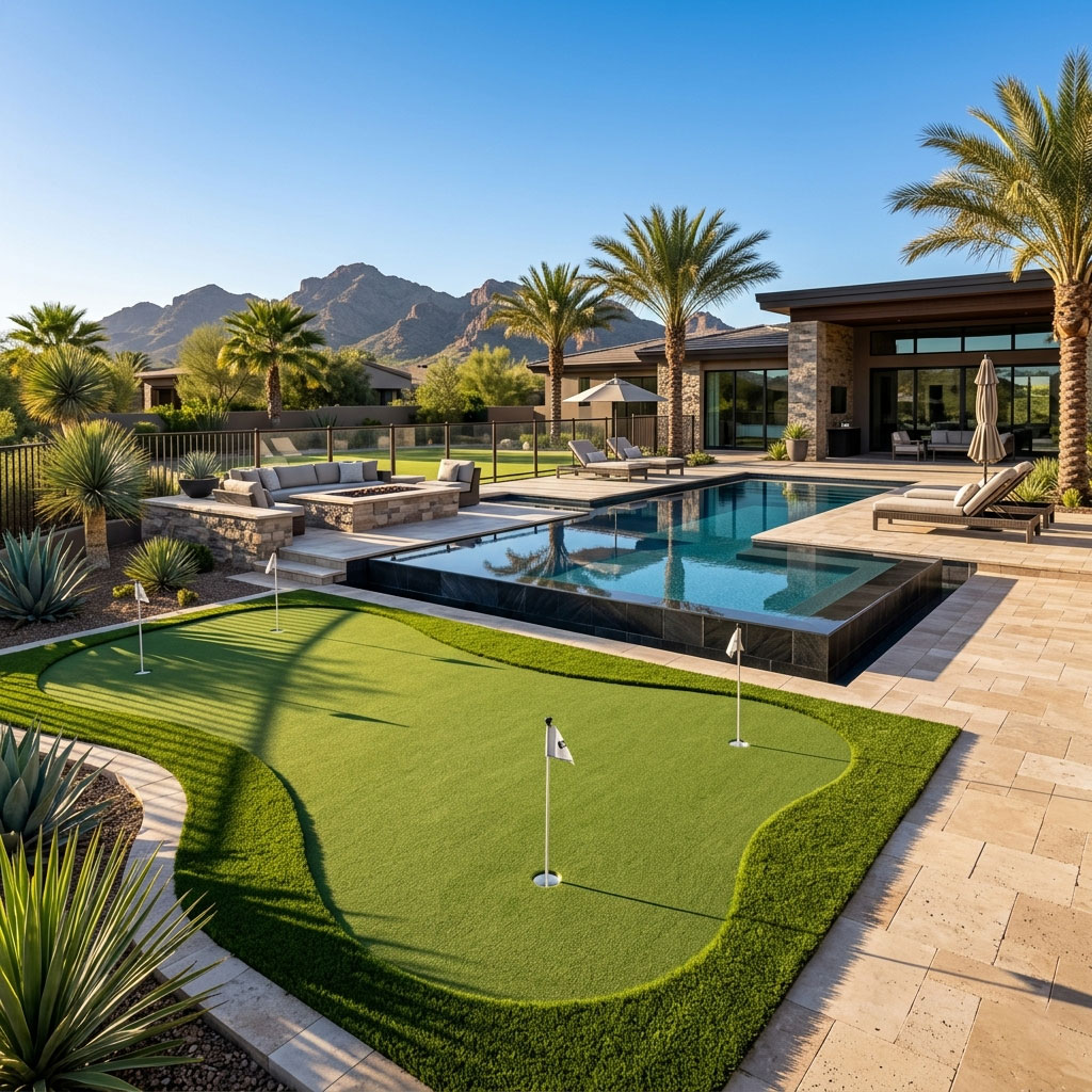 Photorealistic 8K photograph of a luxury resort-style backyard in Scottsdale, Arizona, combining a custom mini golf hole with a nearby modern swimming pool with dark tile edging. Premi travertine pavers connect the green to a built-in fire feature with seating. Glass or wrought-iron fencing is visible under a clear, bright blue Arizona sky with warm afternoon sunlight and realistic water reflections.