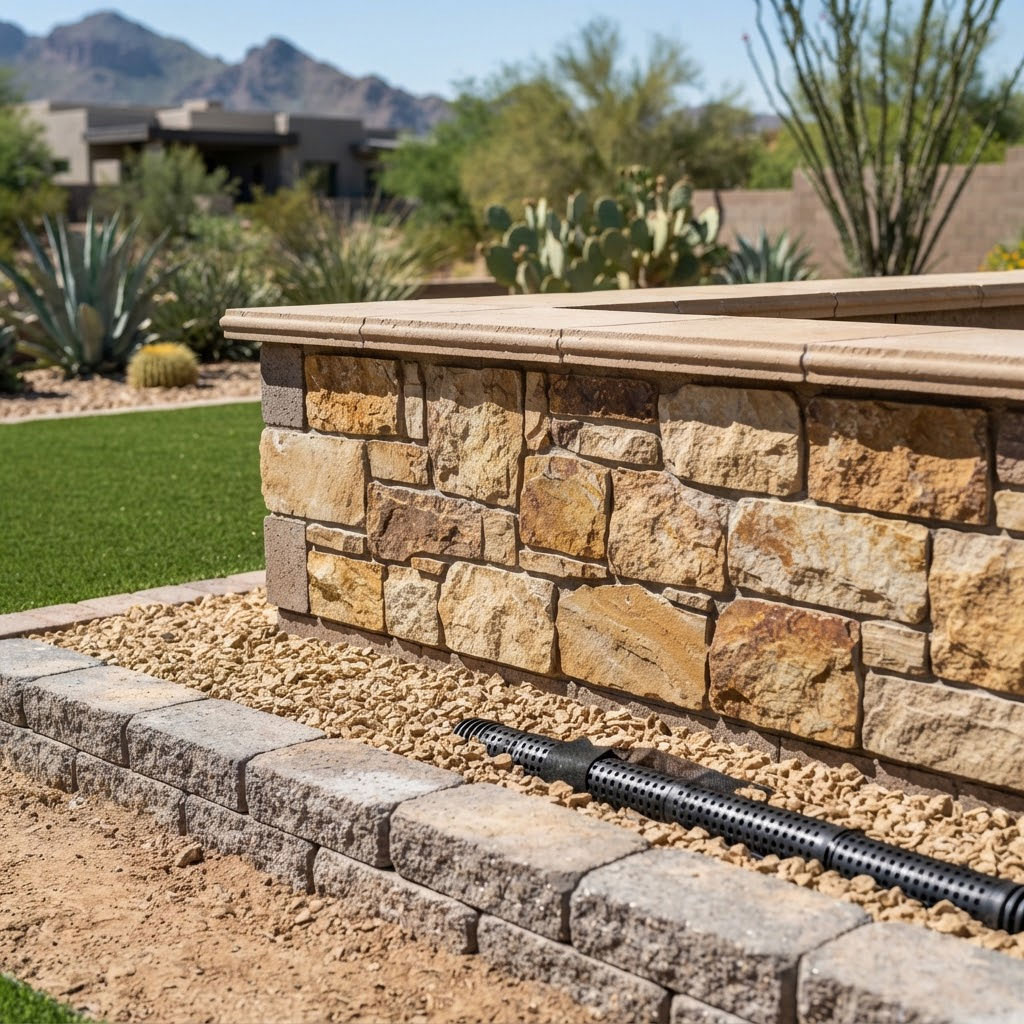 Close-up of segmental wall block meeting stone veneer facing in a Phoenix, Arizona backyard
